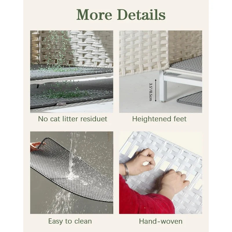 Cat Litter Box Enclosure Furniture with Divider Handwoven Rattan Litter Box with Mat 31.2x19.6x24.2 Inches Metal Heightened - Joanie B 25