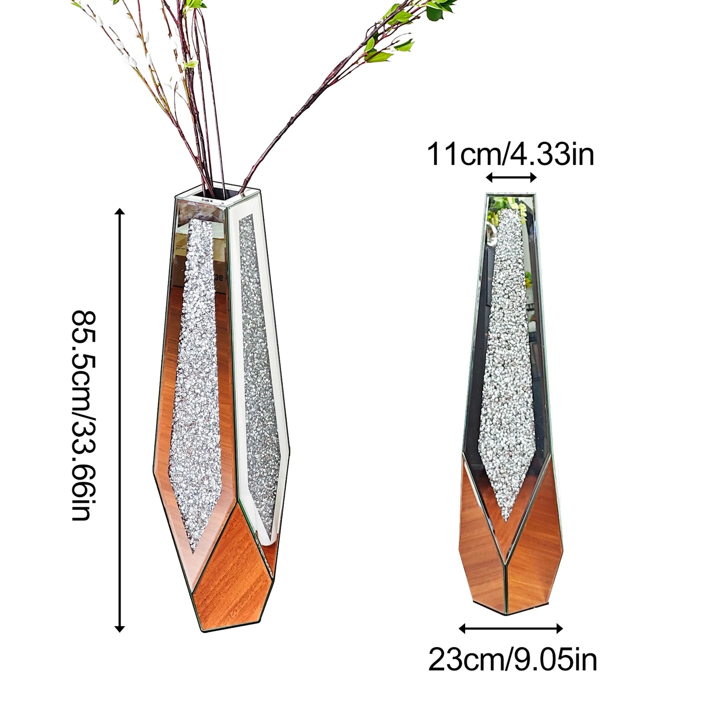 Tall Floor Mirror Vase, Large Crushed Diamond Glass Vase for Home Decor Modern Crystal Centerpiece for Living Room Wedding Hotel