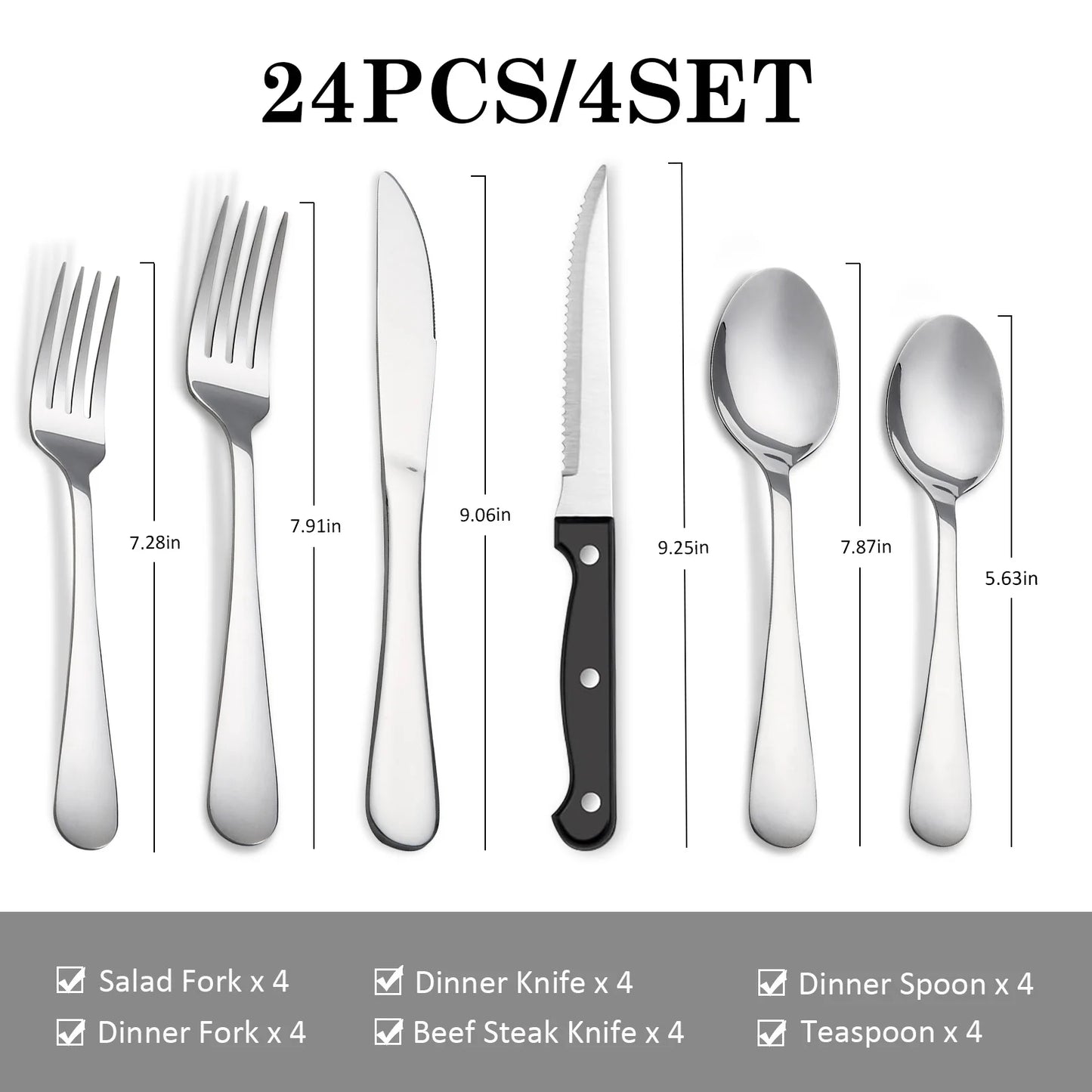 24 Piece Stainless Flatware Set For 4 With Steak Knives Forks Spoons