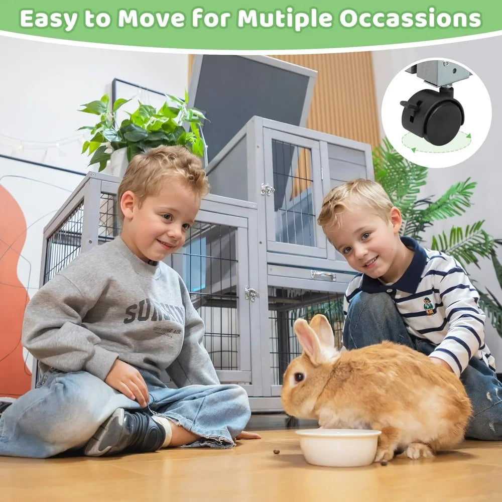 Large 39 Inch Wooden Rabbit Hutch Indoor Outdoor Two-Story Bunny Cage with Wheels Removable Trays and Easy Assembly - Joanie B 25