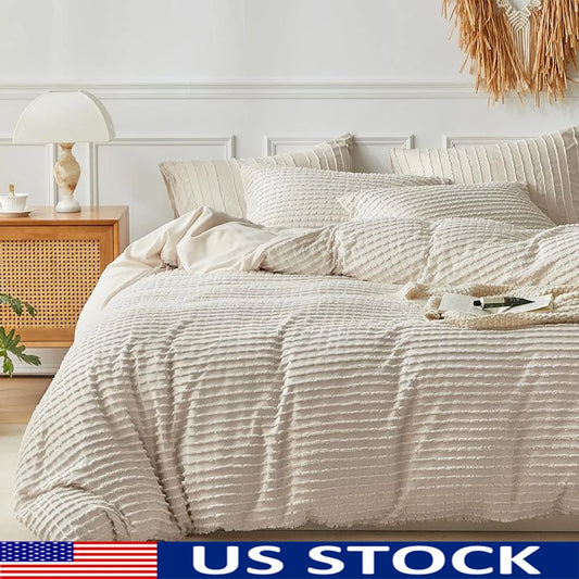 Boho Duvet Cover Set Queen Microfiber Lightweight Breathable 3PCS Ultra Soft Striped Tufted Bedding Set Hidden Zipper Design