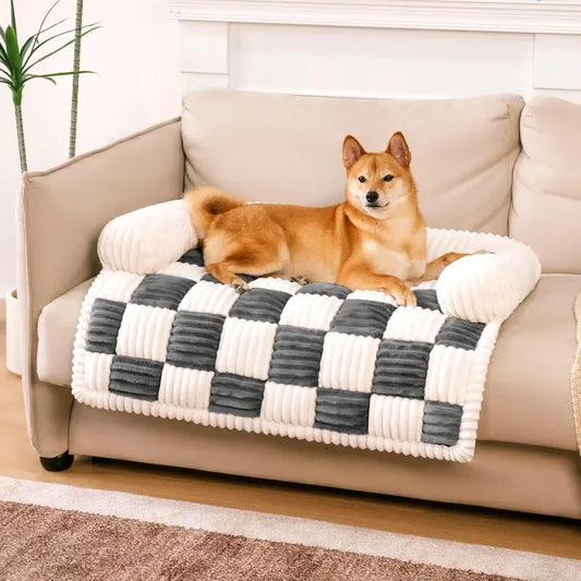 Pet Couch Covers for Dogs Plush Dog Bed Mat Furniture Protector Cream Square Plaid Cozy Washable Sofa Cover - Joanie B 25