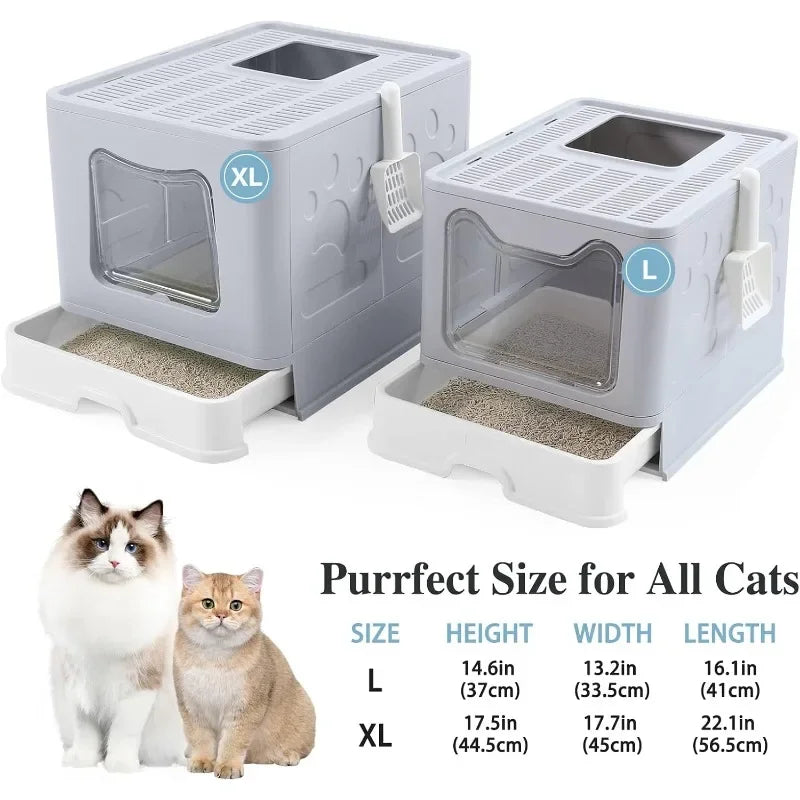 Foldable Cat Litter Box with Lid Extra Large Scoop Drawer Type Pan Easy to Scoop and Low Tracking - Joanie B 25