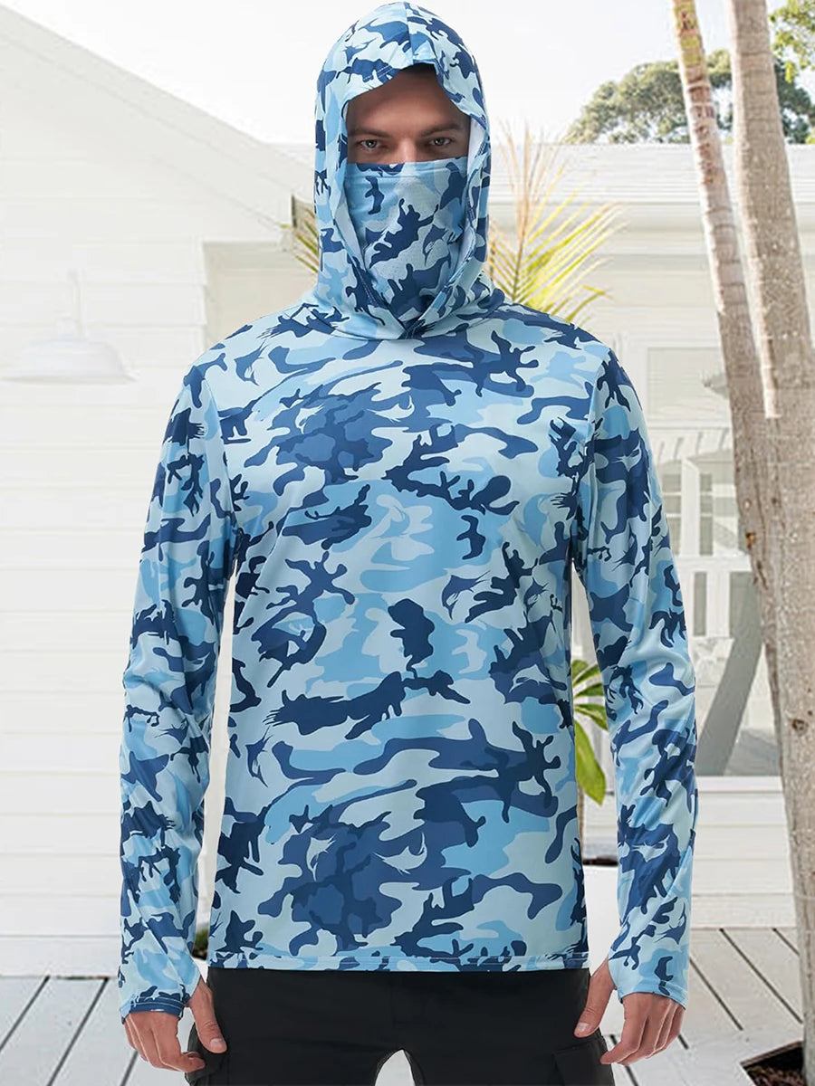 Men's Fishing Shirt Camo Print Hoodie with Built-in Face Mask - Joanie B 25