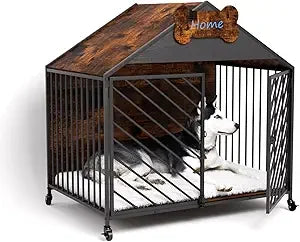Furniture-Style Dog Crate with Gable Roof Design, Double Locking Doors Indoor Kennel for Small & Medium Dogs, Chew-Proof Escape-