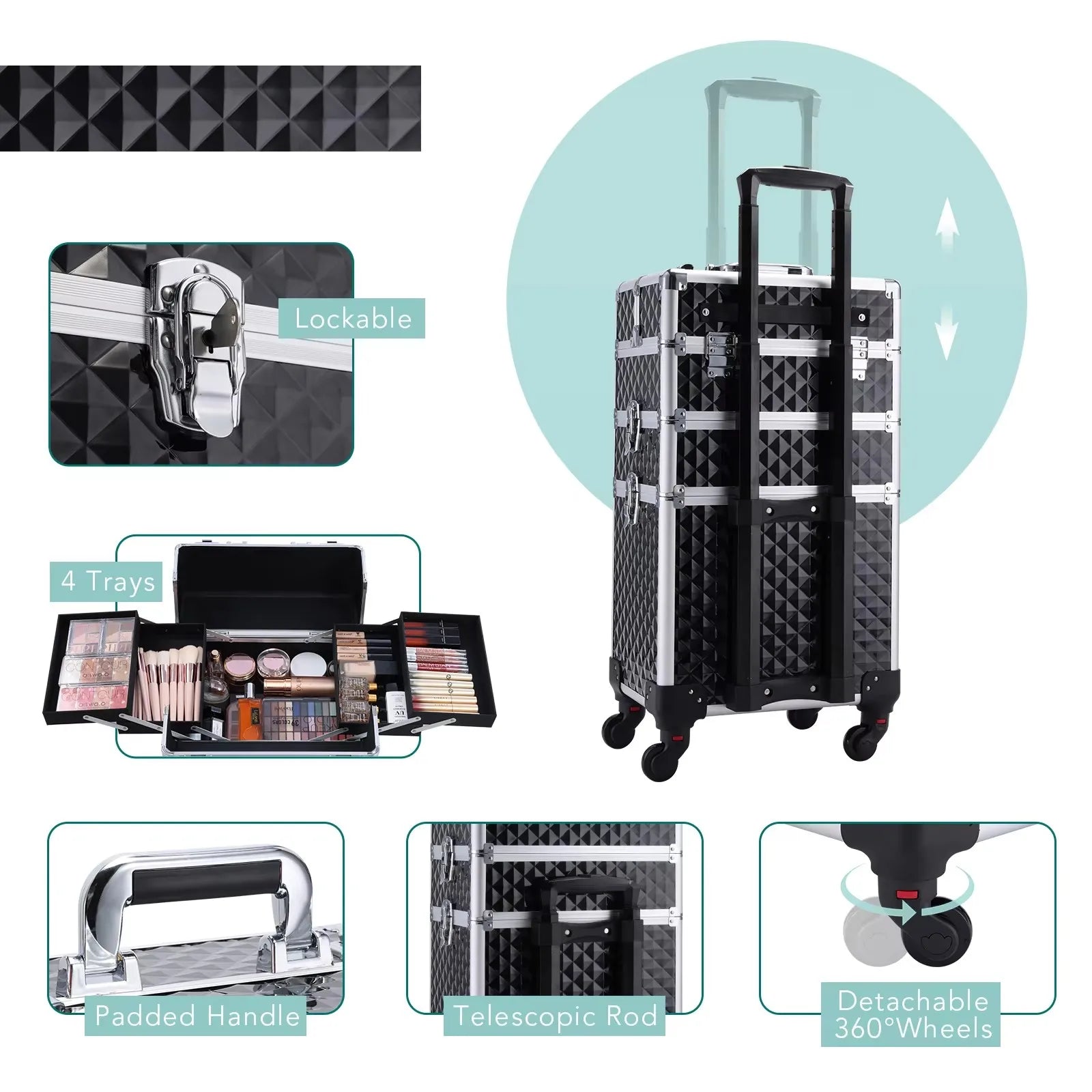 Rolling Makeup Case 3 In 1 Removable Make Up Case Cosmetology Case On Wheels Large Capacity Lockable Makeup Trolley For Salon - Joanie B 25
