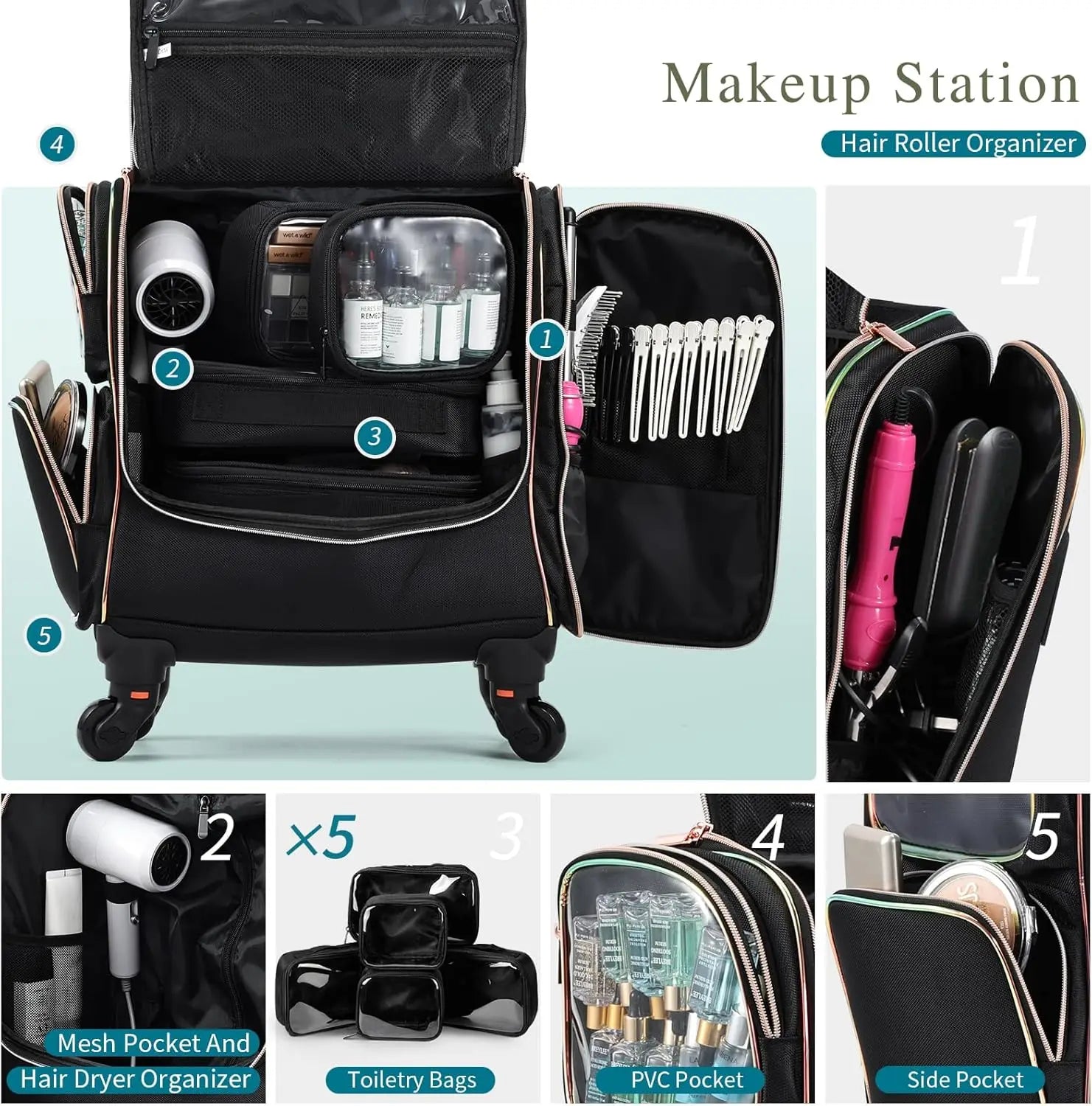 Professional Rolling Makeup Train Case Make Up Storage Bag for Makeup Artist Hairstylist Barbers with 5 Toiletry Bags - Joanie B 25