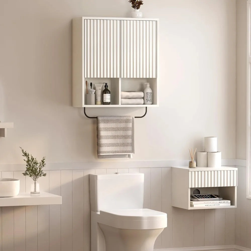 Fluted Wall Cabinet, Modern Medicine Cabinet Bathroom with Doors and Adjustable Shelf Towel Rack Wood Storage Cabinet White