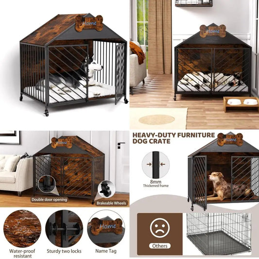 Furniture-Style Dog Crate with Gable Roof Design, Double Locking Doors Indoor Kennel for Small & Medium Dogs, Chew-Proof Escape-